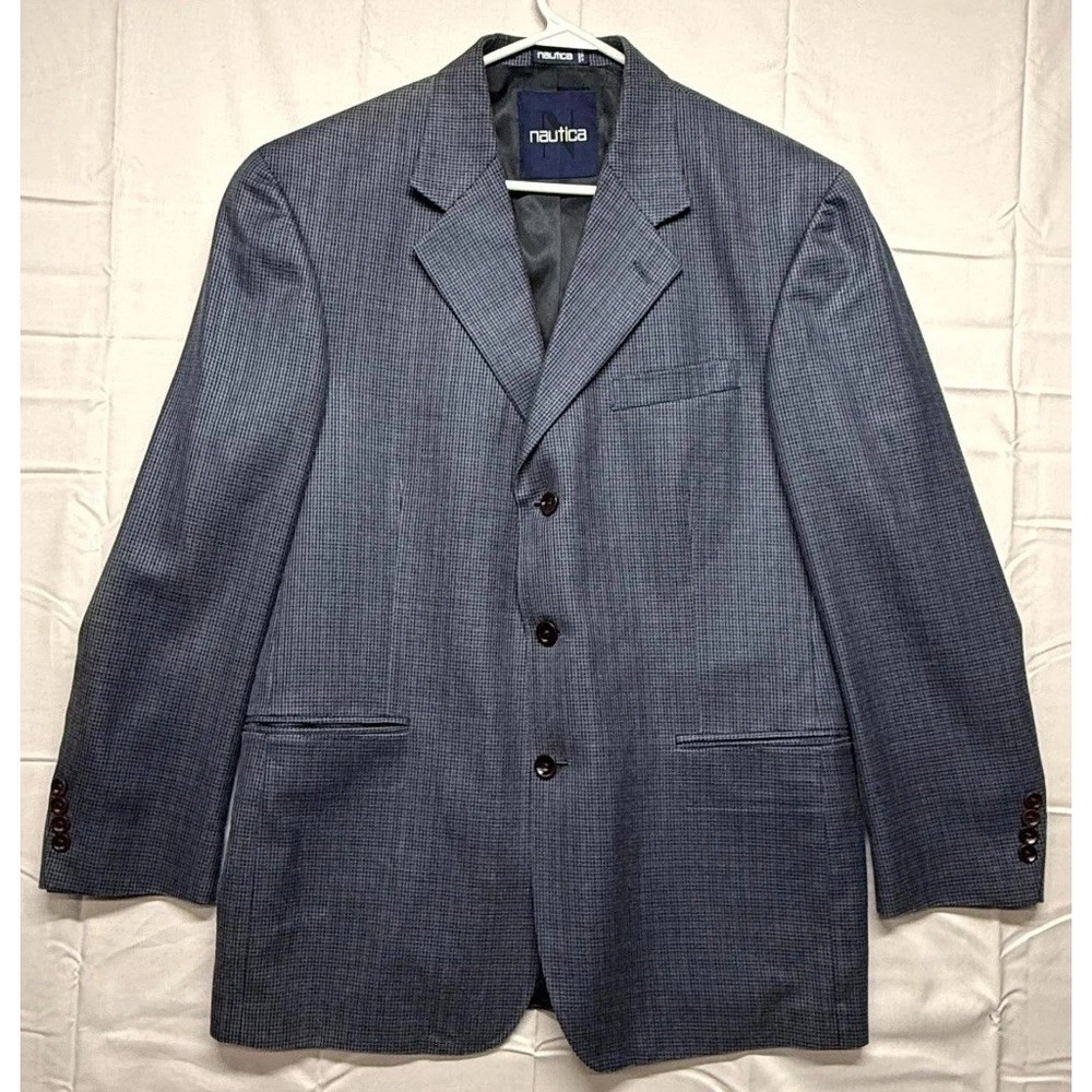 Nautica Sport Coat Mens 42R Gray Black Houndstooth Single Breasted Notch Lapel